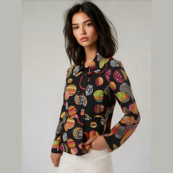 Acorn Black Colorful Fun Mixed Print Ball Shapes Long Sleeve Lined Jacket M - Picture 1 of 13